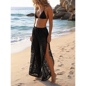 Alexa & Stella Wide Leg Beach Pants Sz M Black Lace High Side Slit Pull On Sheer